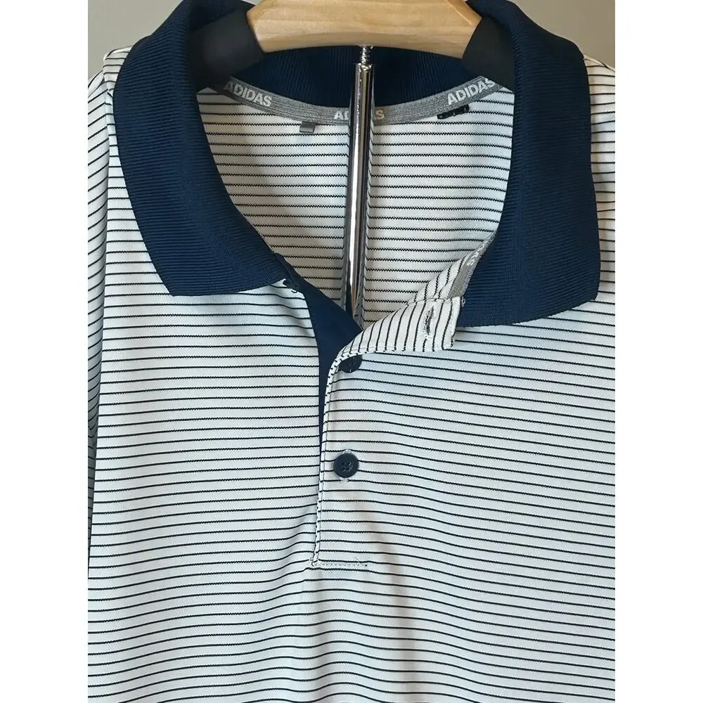 Adidas Men's Large Navy and White striped polo shirt